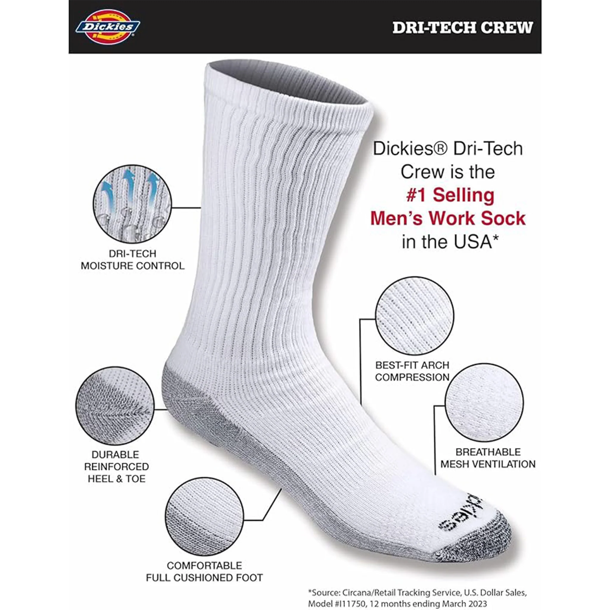 Dickies Men's 6 Packs Dri-Tech Moisture Control Crew Work Socks, Sizes 6-12 (I11750) - Image 9