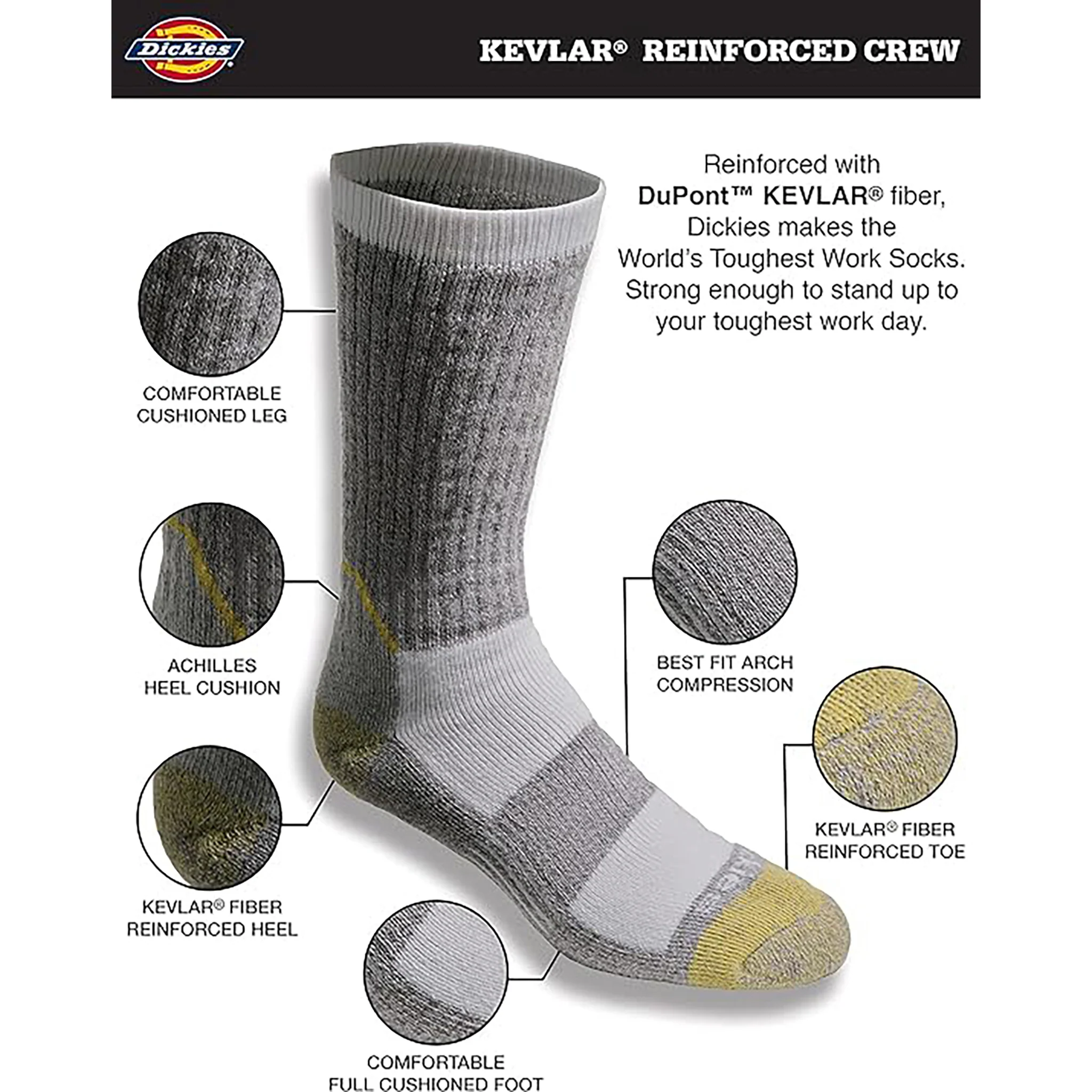 Dickies Men's 2 Packs KEVLAR® Reinforced Crew Socks, Sizes 6-12 (I211011-) - Image 3