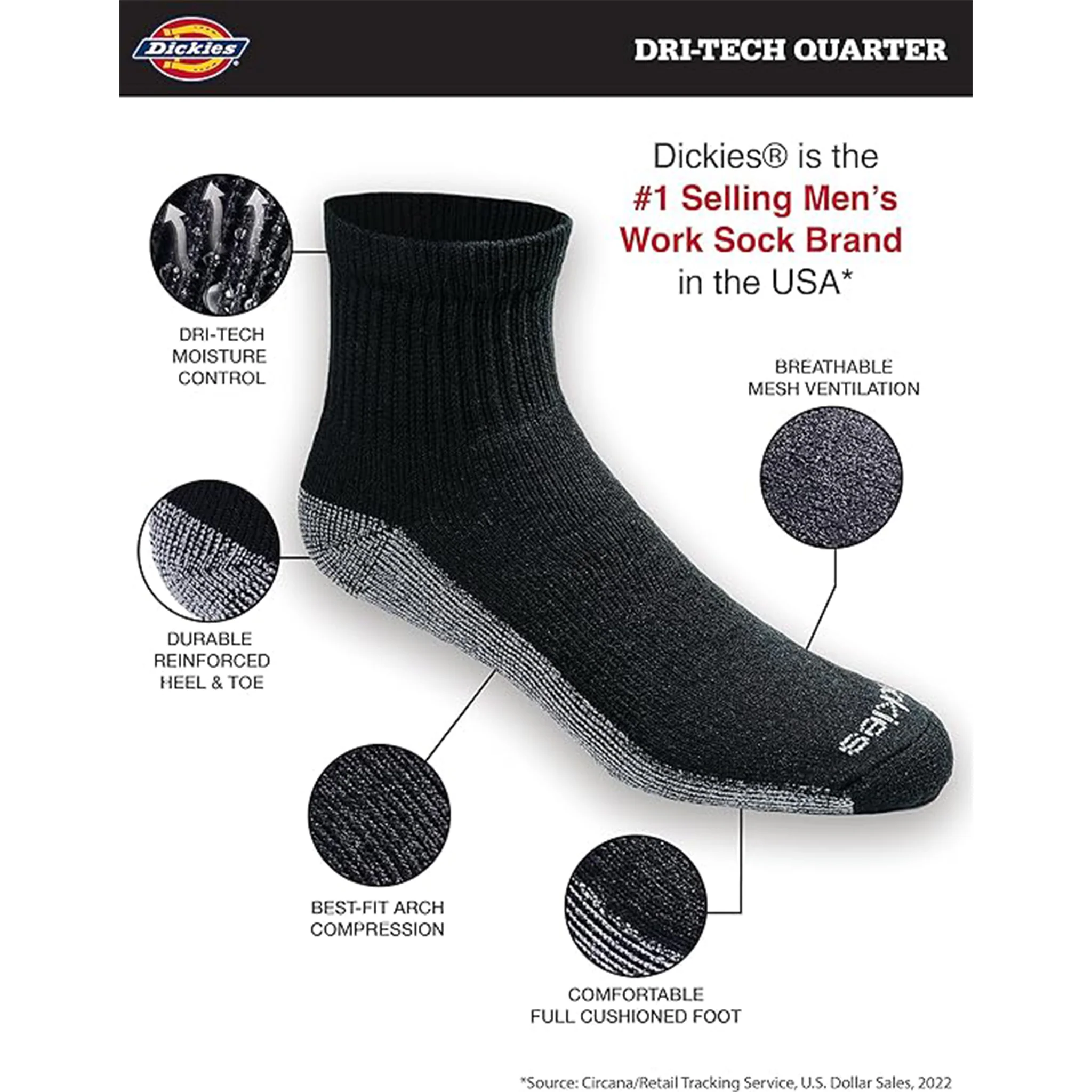Dickies Men's 6 Packs Dri-tech Moisture Control Quarter Socks, Sizes 12-15 - (I11742) - Image 3
