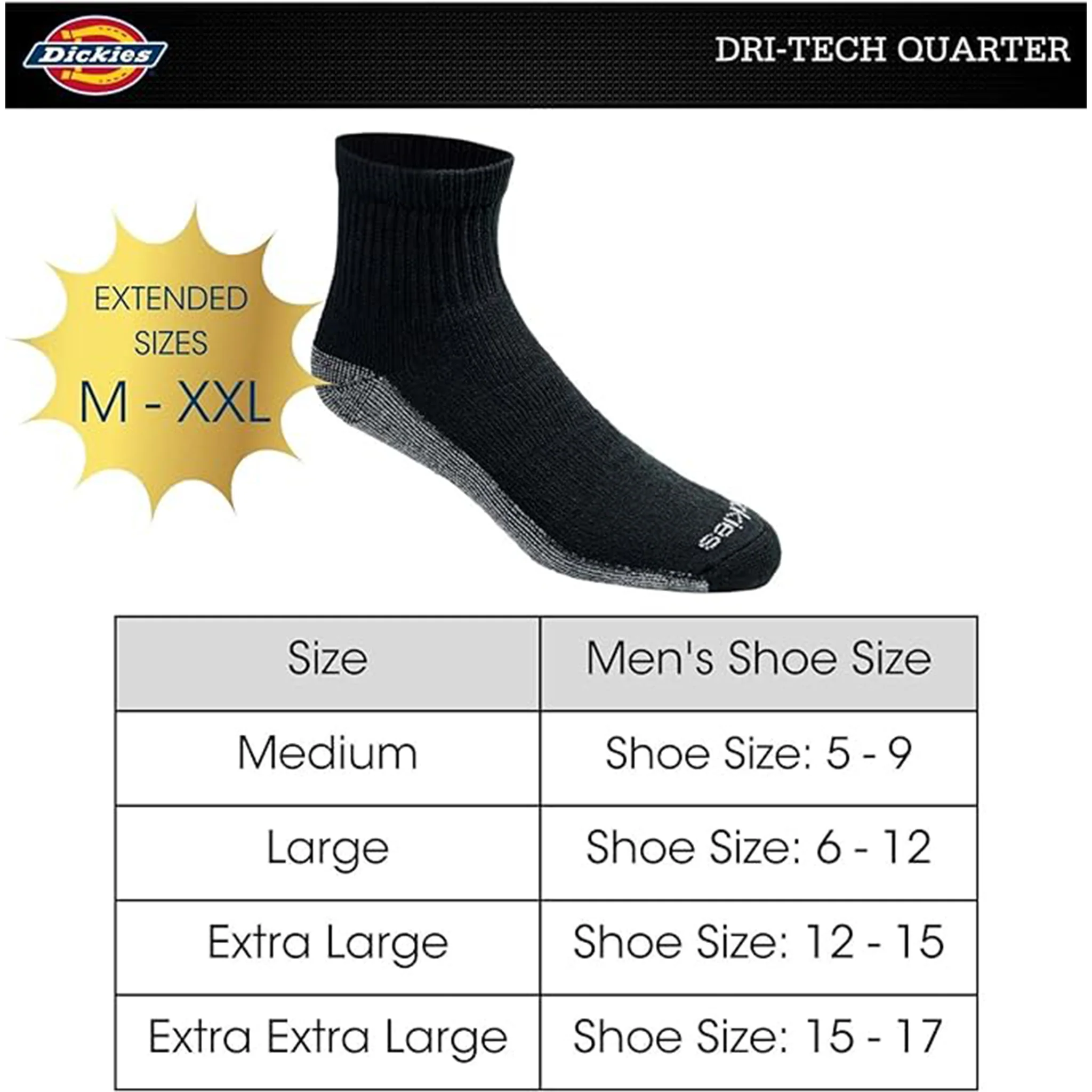 Dickies Men's 6 Packs Dri-tech Moisture Control Quarter Socks, Sizes 12-15 - (I11742) - Image 4