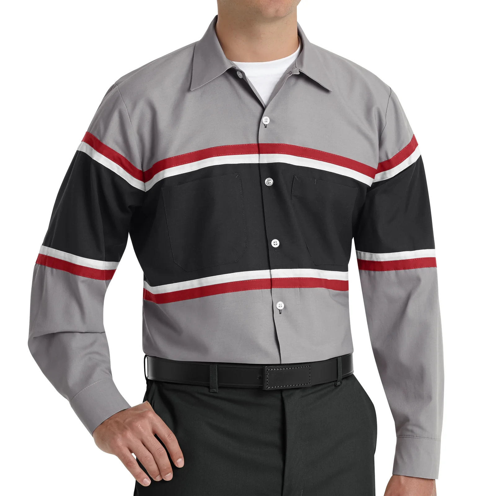 Red Kap Men's Long Sleeve Technician Shirt-Grey / Black w/Red / White Stripe - Image 3