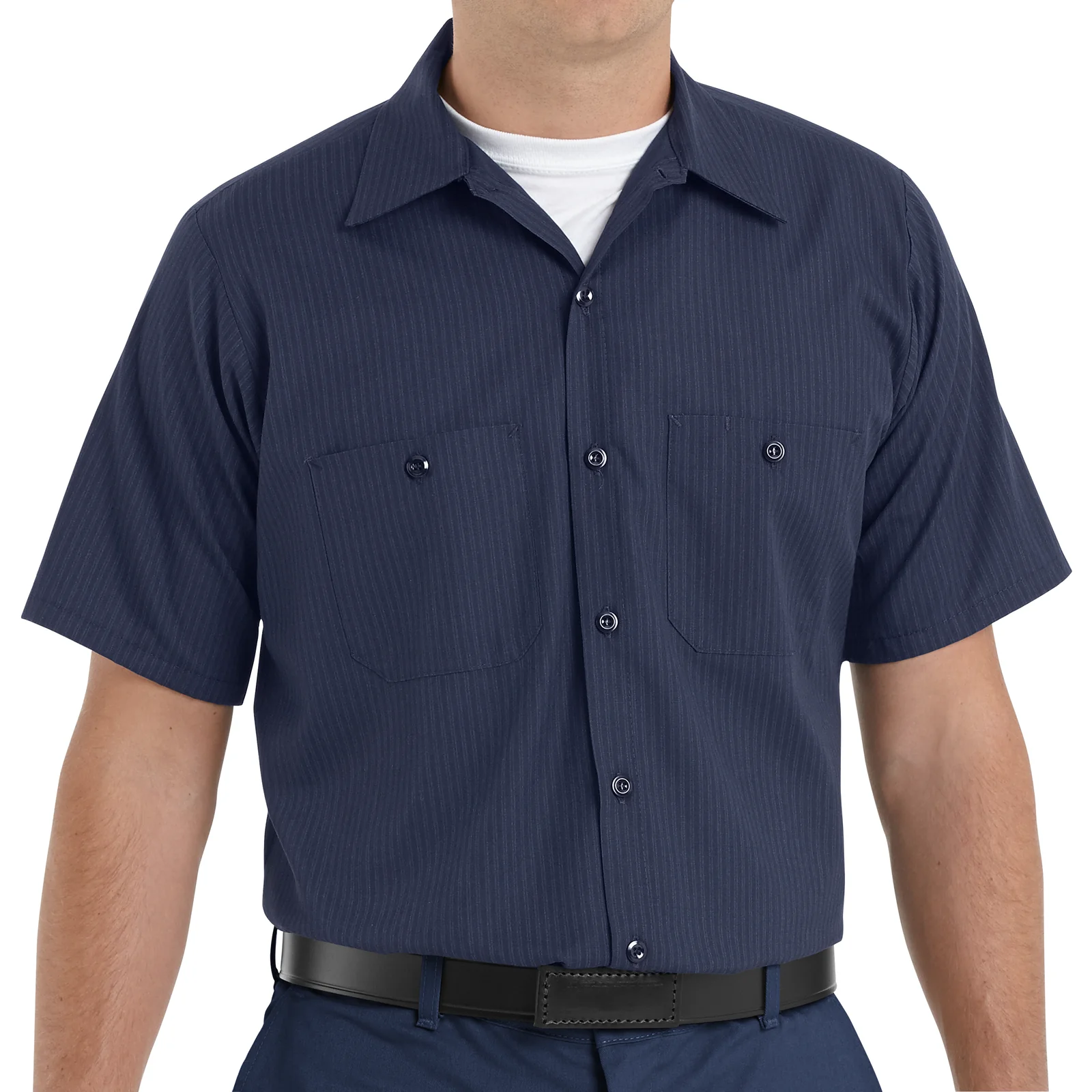 Red Kap Men's Short Sleeve Durastripe® Work Shirt-Navy / Light Blue Twin Stripe - Image 2