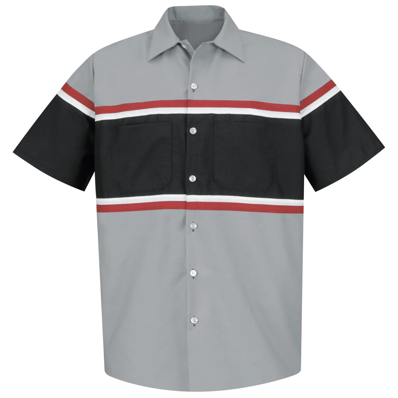 Red Kap Men's Short Sleeve Technician Shirt-Grey / Black w/Red / White Stripe