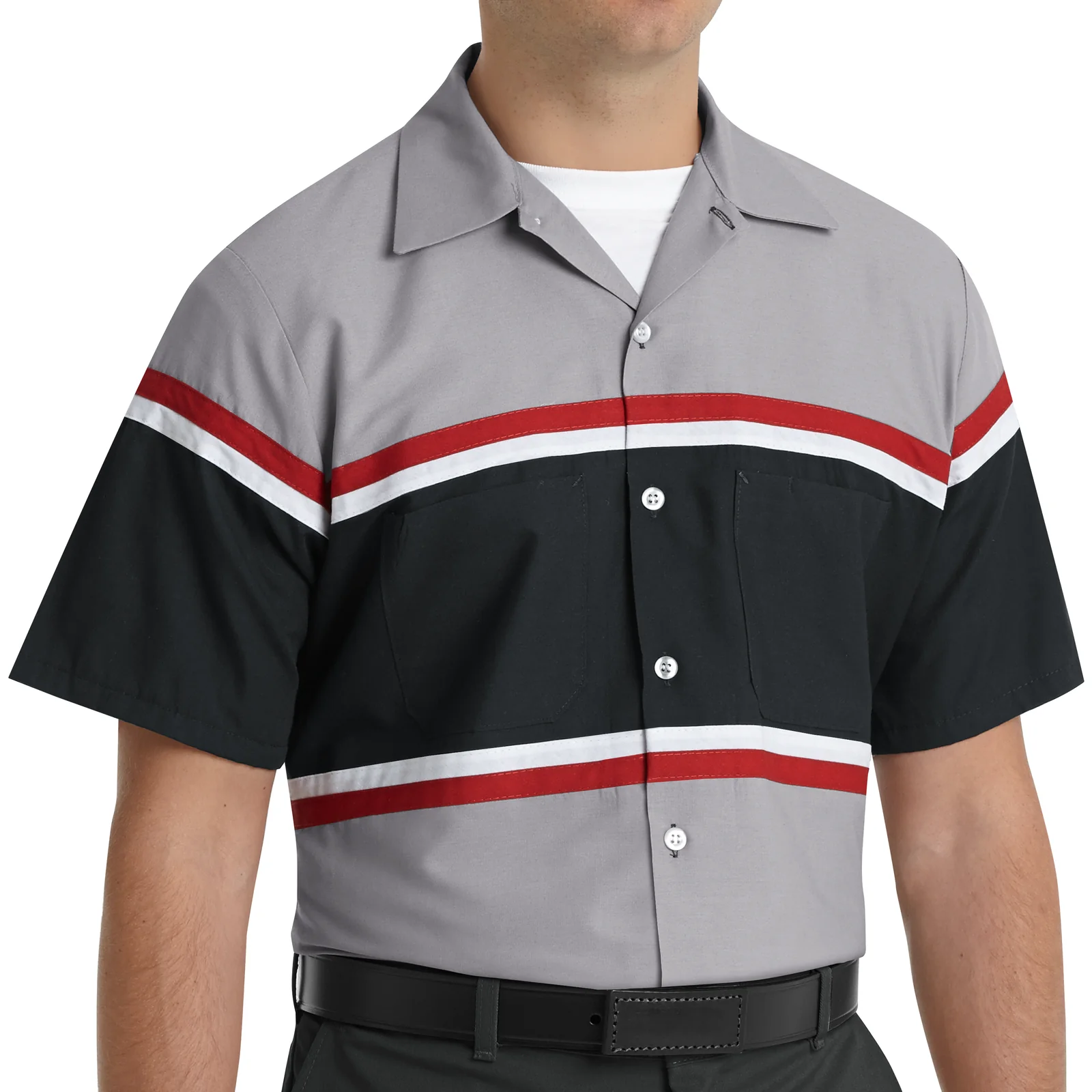 Red Kap Men's Short Sleeve Technician Shirt-Grey / Black w/Red / White Stripe - Image 3