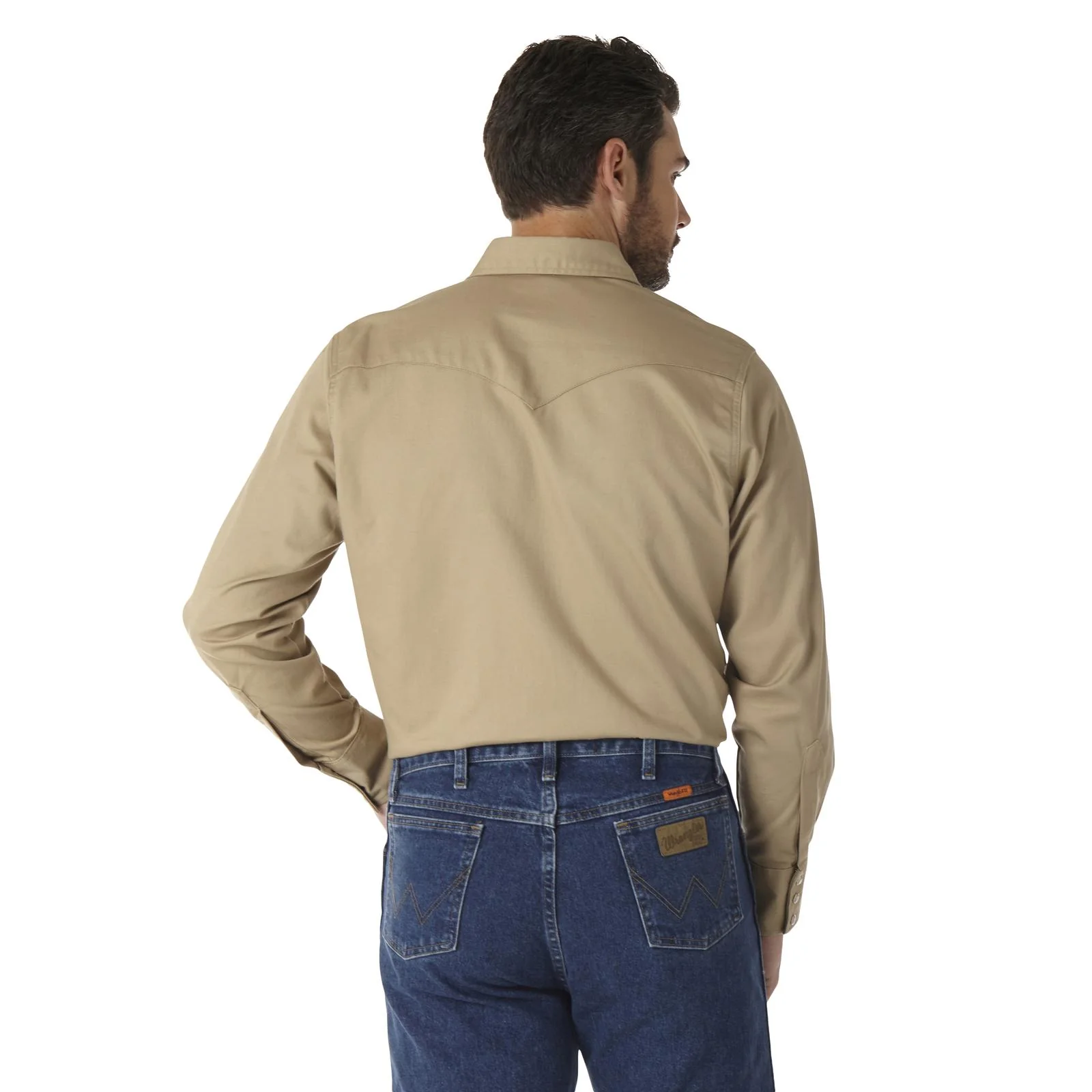 Wrangler® FR Flame-Resistant Long Sleeve Western Snap Solid Twill Work Shirt - Khaki - Image 2