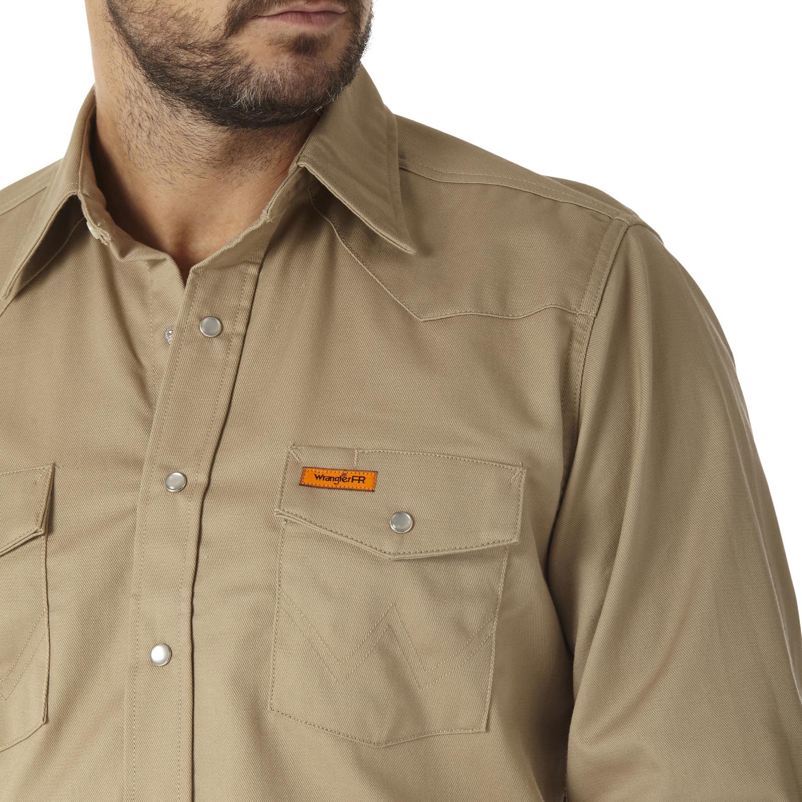 Wrangler® FR Flame-Resistant Long Sleeve Western Snap Solid Twill Work Shirt - Khaki - Image 3