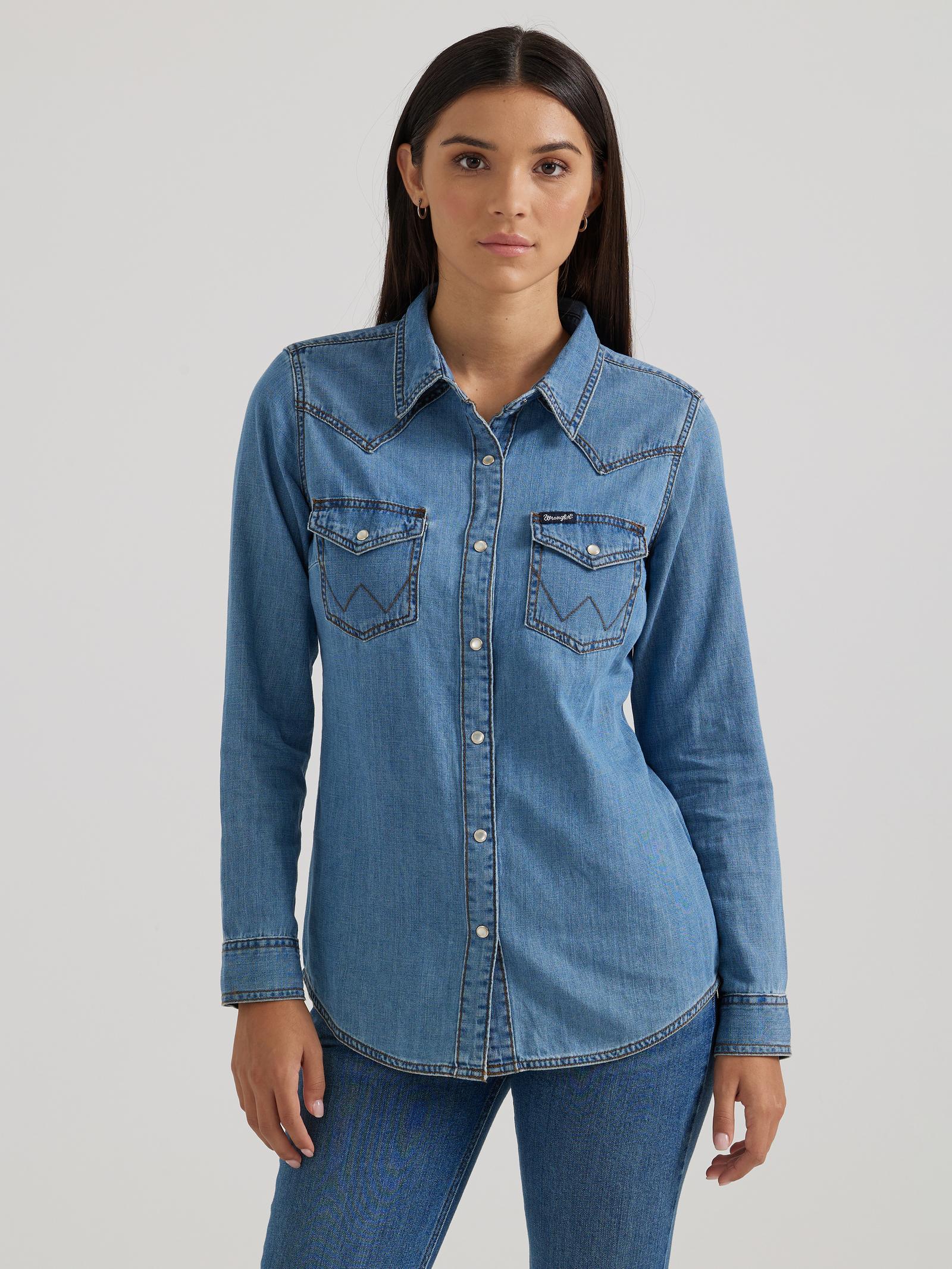Wrangler® Women's Long Sleeve Western Snap Denim Shirt - Mid Denim - LW7006D